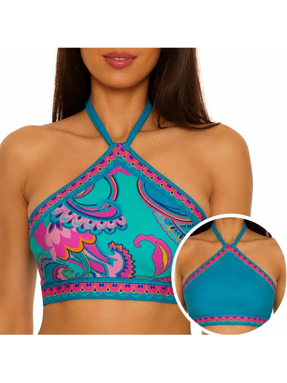 Trina Turk Mykonos Halter Reversible Bikini Top with Pink Paisley Print, NWT, 14